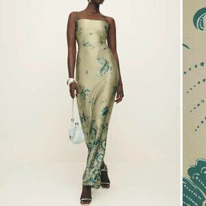 Reformation Frankie Silk Dress - Sage Border - NWT Size 8
